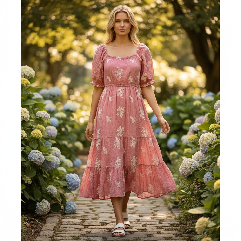 NewIn Tiered Midi Dress Womens Large Pink Floral Embroidered Puff Sleeve ND31742
